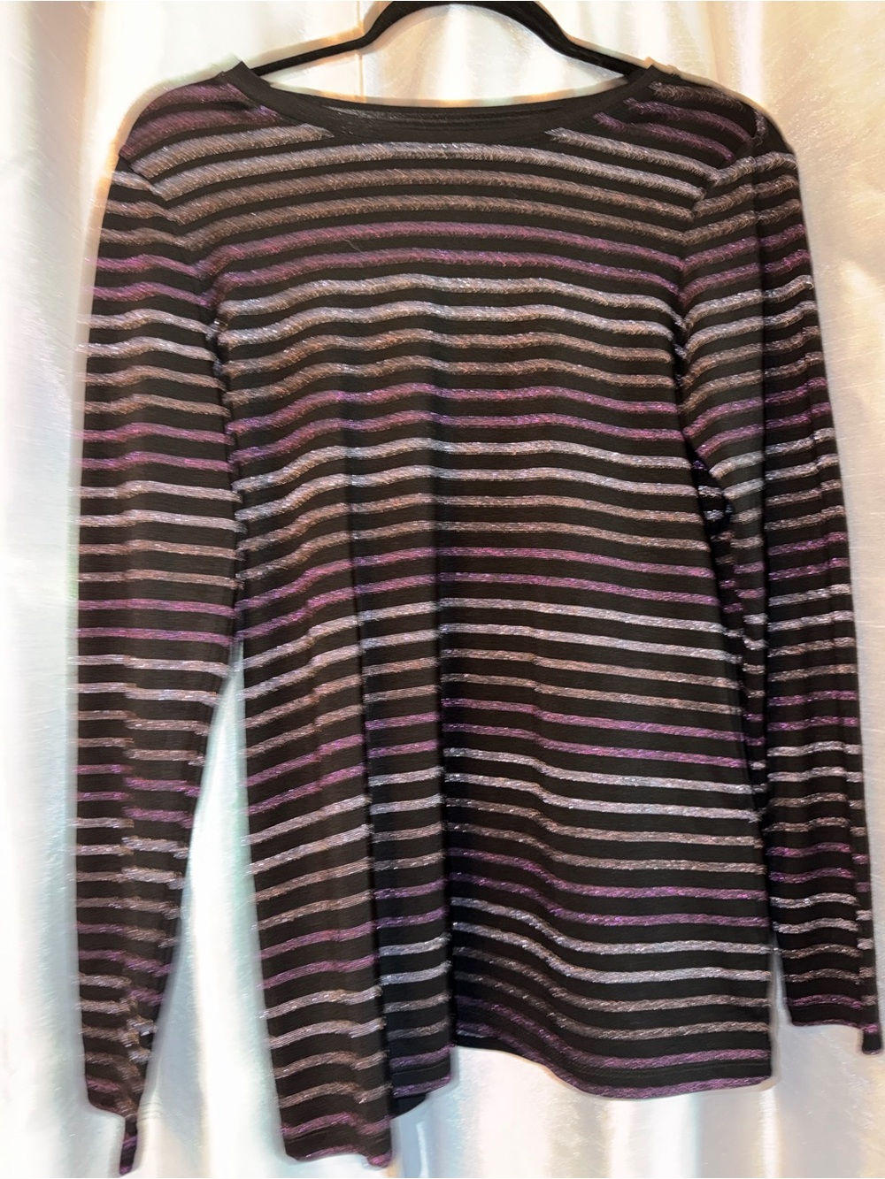 Chico's Black Long-Sleeve Crewneck with Purple & Gray Stripes